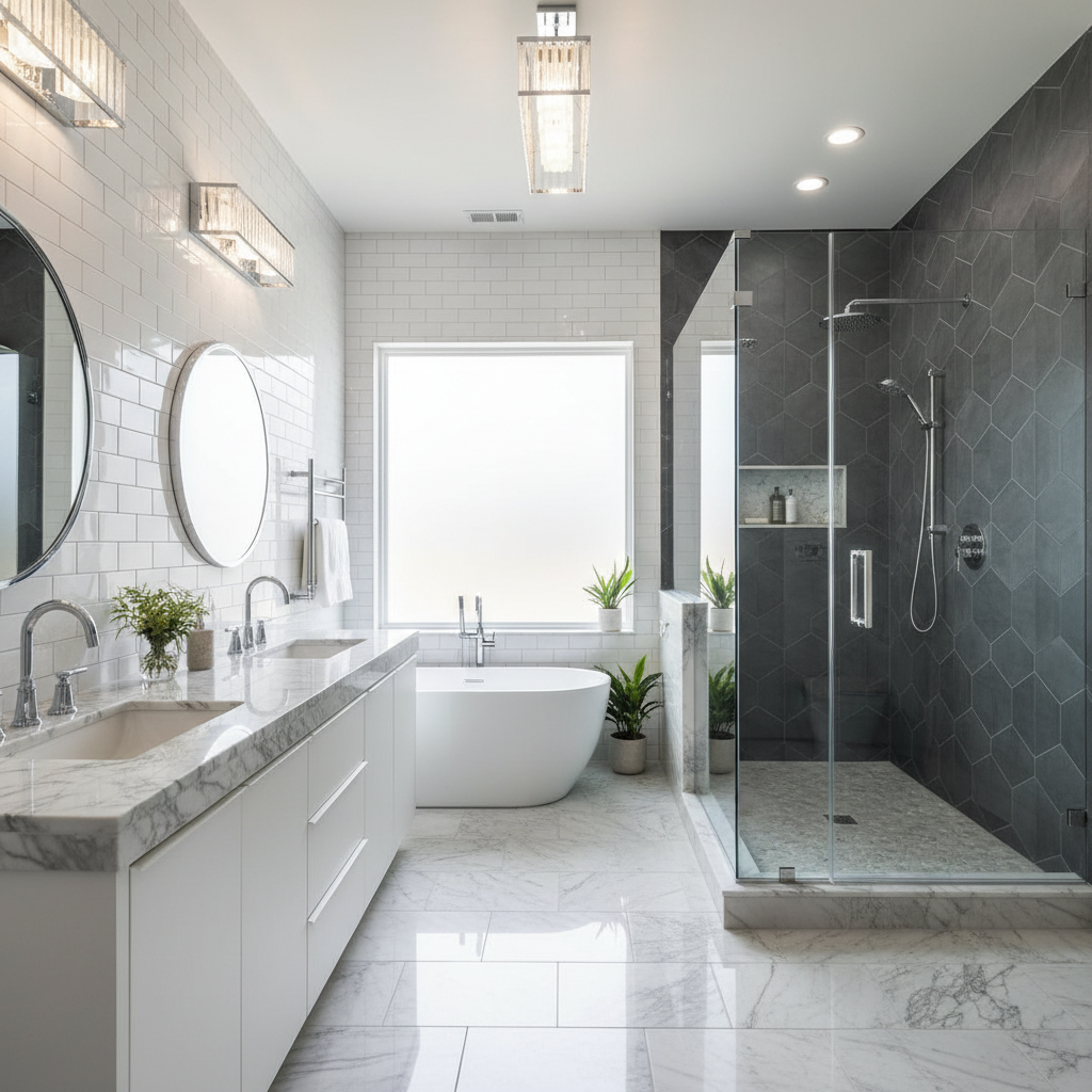 Luxury modern bathroom remodel with double vanity and walk-in shower in Houston TX