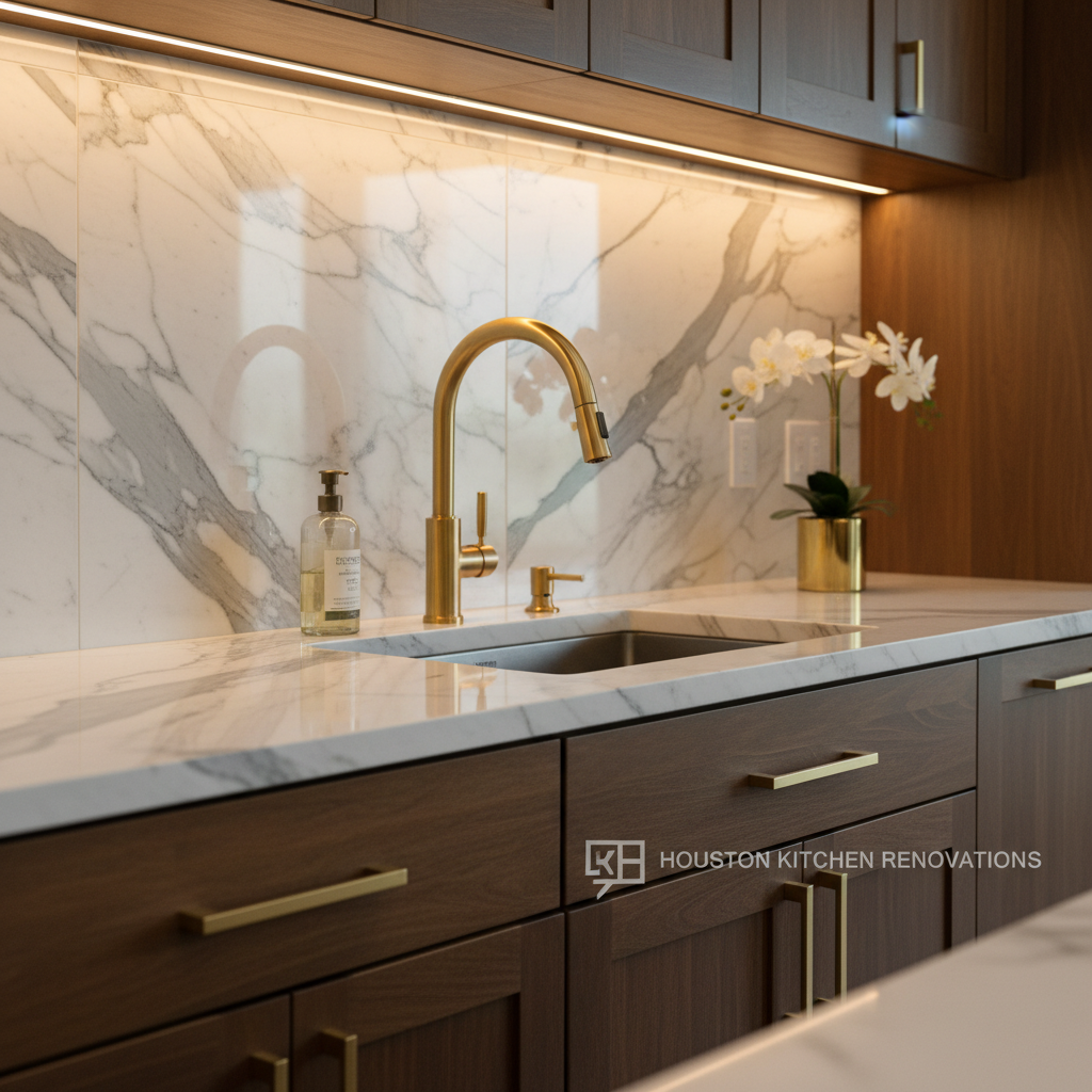 Elegant marble tile backsplash installation in Houston kitchen