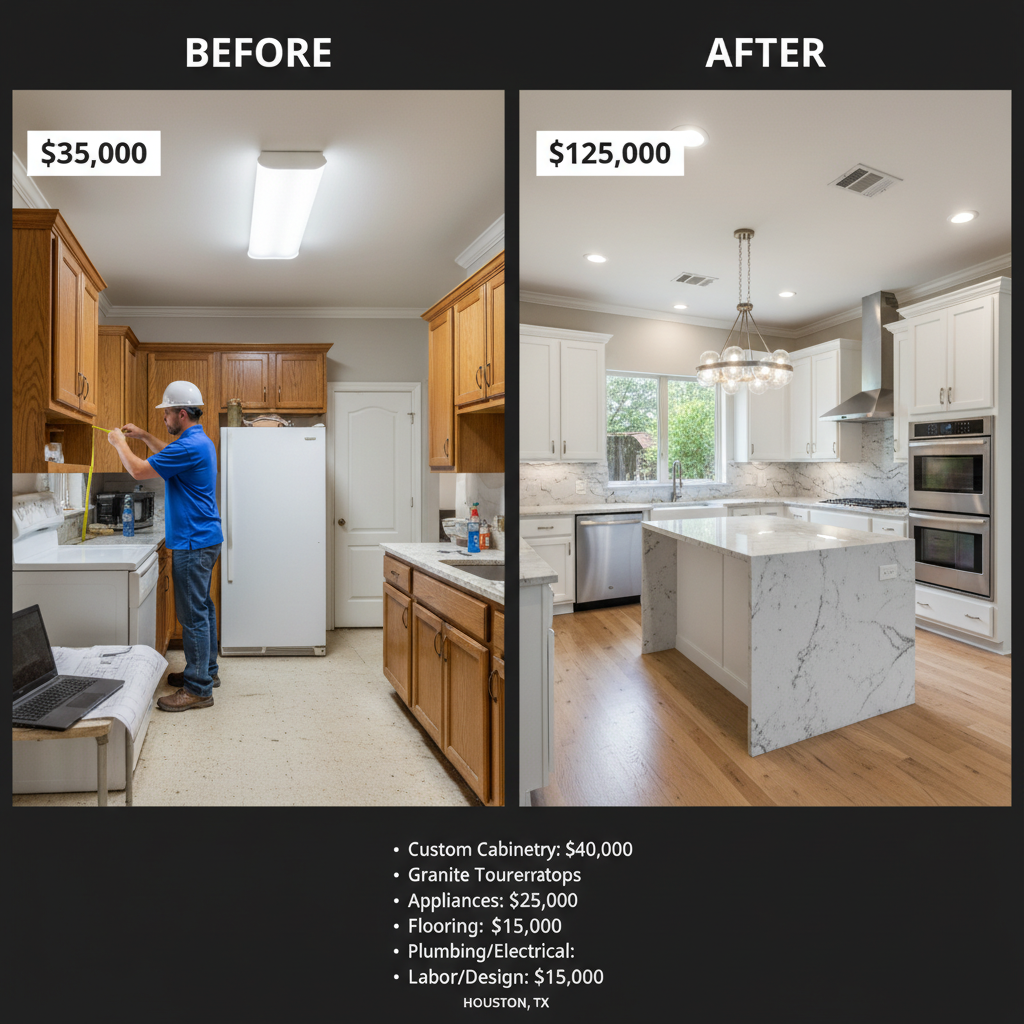 Kitchen remodel cost breakdown showing before and after renovation in Houston TX home