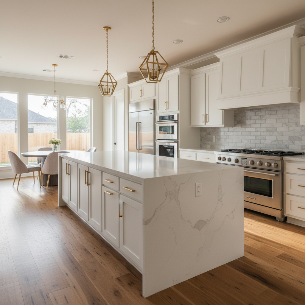 Luxury kitchen remodeling project in Houston TX with modern white cabinets and quartz countertops