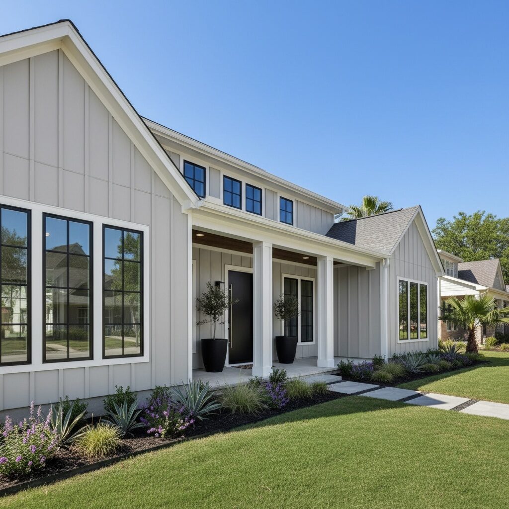 Houston home exterior renovation with modern farmhouse siding and black framed windows