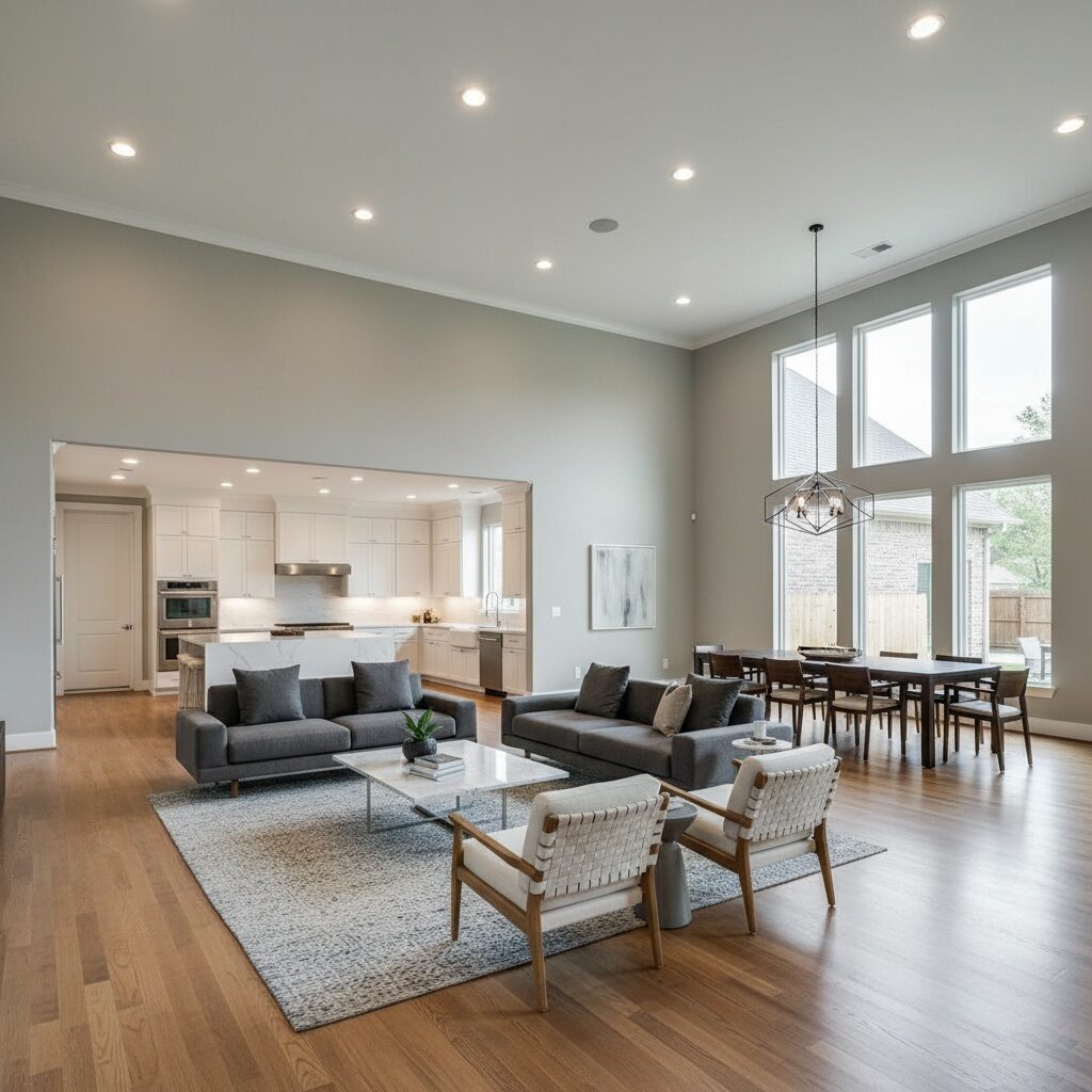 Houston home remodel with open concept living dining and kitchen