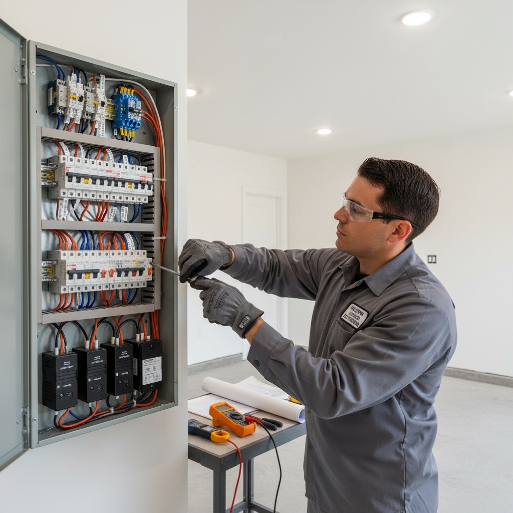 Licensed electrician working on electrical panel in Rice Village, TX